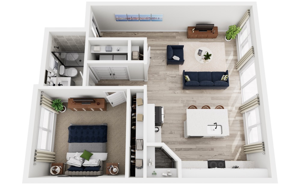 A1 - 1 bedroom floorplan layout with 1 bathroom and 746 square feet (3D)