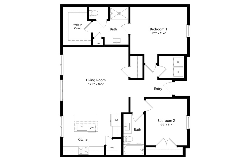 B1 - 2 bedroom floorplan layout with 2 bathrooms and 1114 square feet (2D)