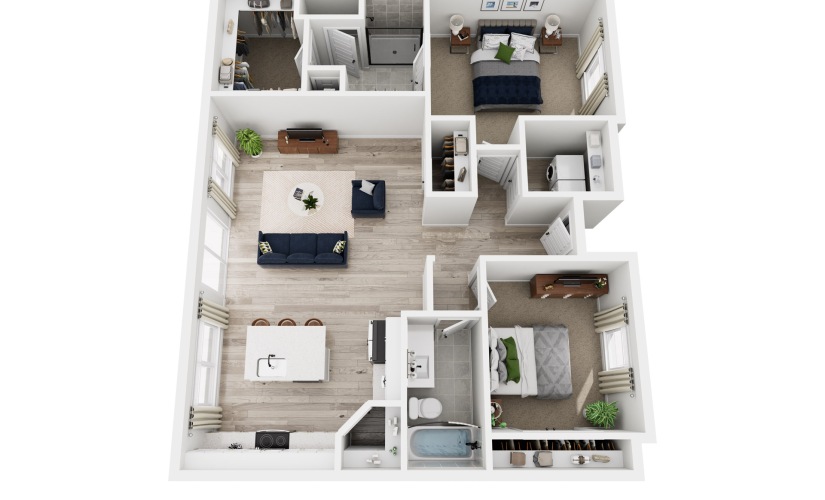 B1 - 2 bedroom floorplan layout with 2 bathrooms and 1114 square feet
