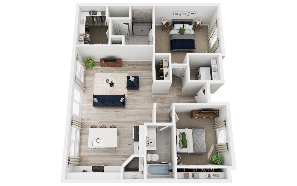 B1 - 2 bedroom floorplan layout with 2 bathrooms and 1114 square feet (3D)