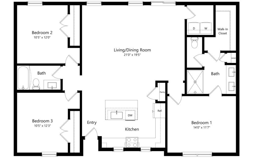 C1 - 3 bedroom floorplan layout with 2 bathrooms and 1369 square feet (2D)