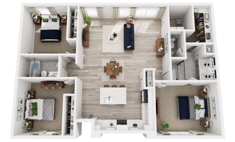 C1 - 3 bedroom floorplan layout with 2 bathrooms and 1369 square feet