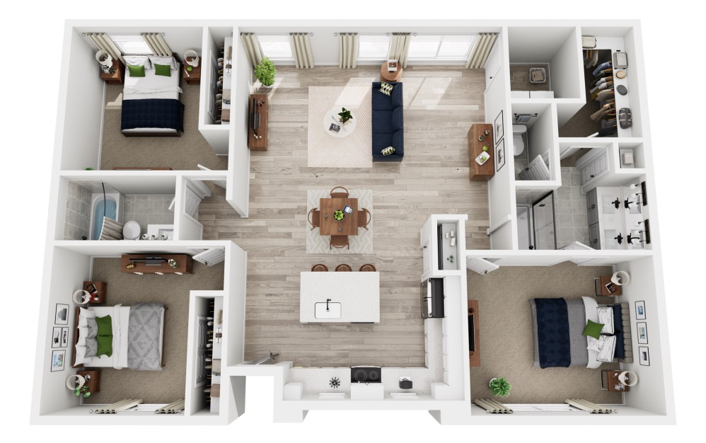 C1 - 3 bedroom floorplan layout with 2 bathrooms and 1369 square feet (3D)